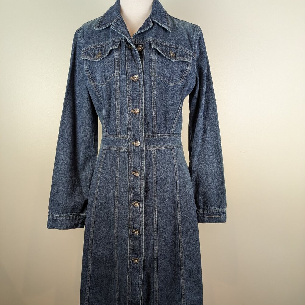 Vintage Y2K Donna Karan DKNY Denim Long Button-up Trench Coat Duster L